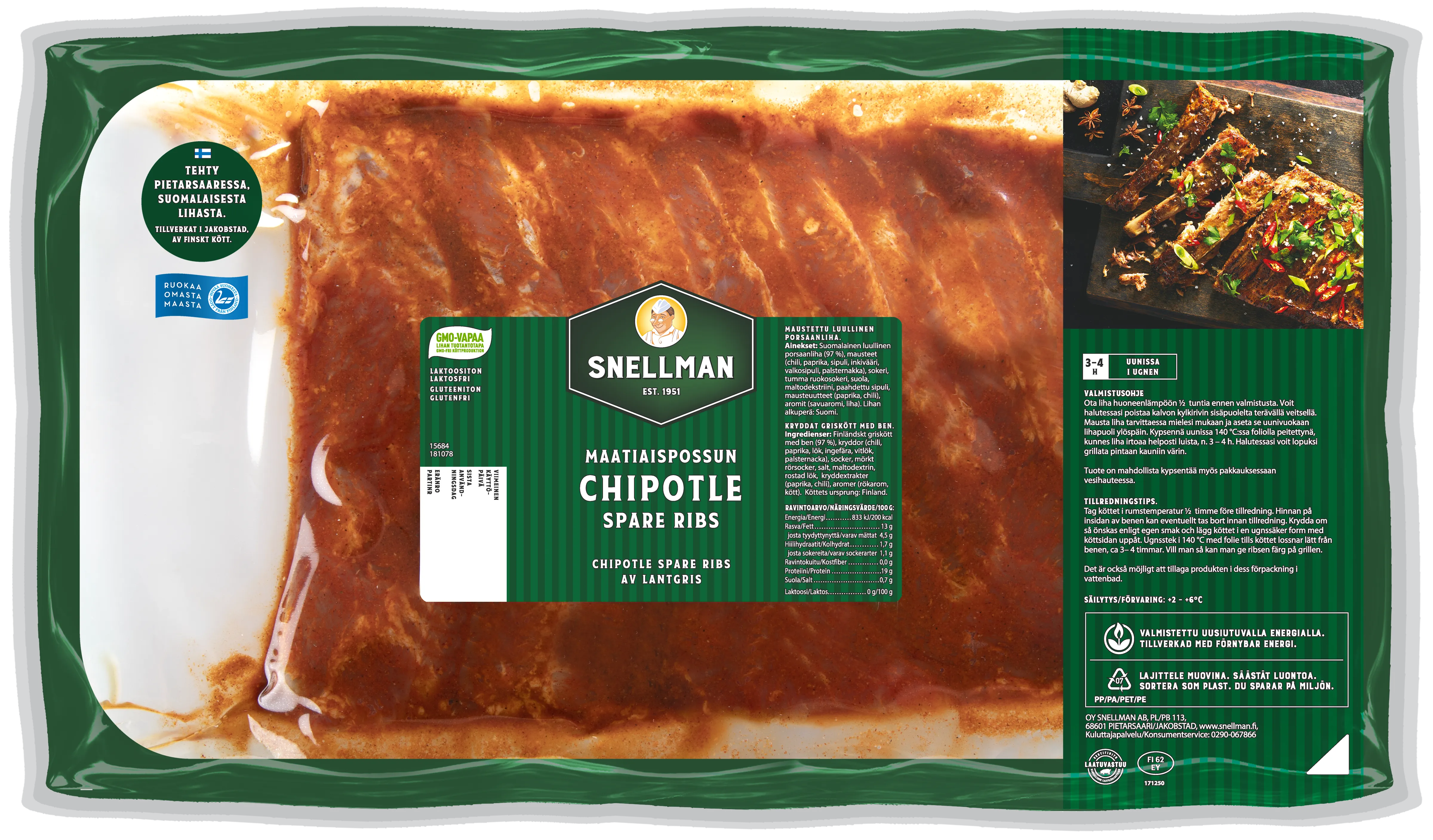 Maatiaispossun chipotle spare ribs n. 900 g