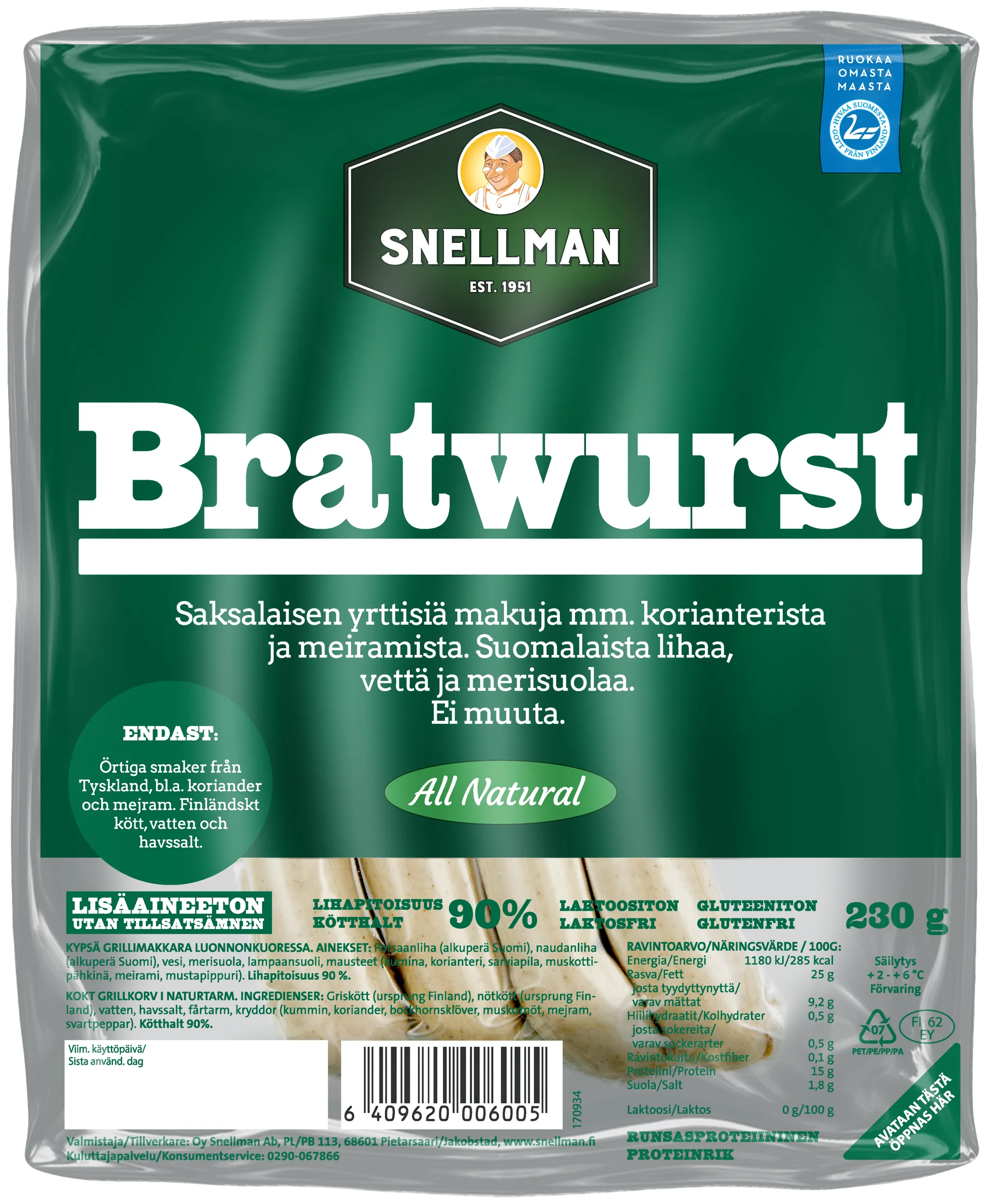 All Natural Bratwurst Grillimakkara 230 G Snellmanin Tuotteet all-natural-bratwurst-grillimakkara-230-g-snellmanin-tuotteet