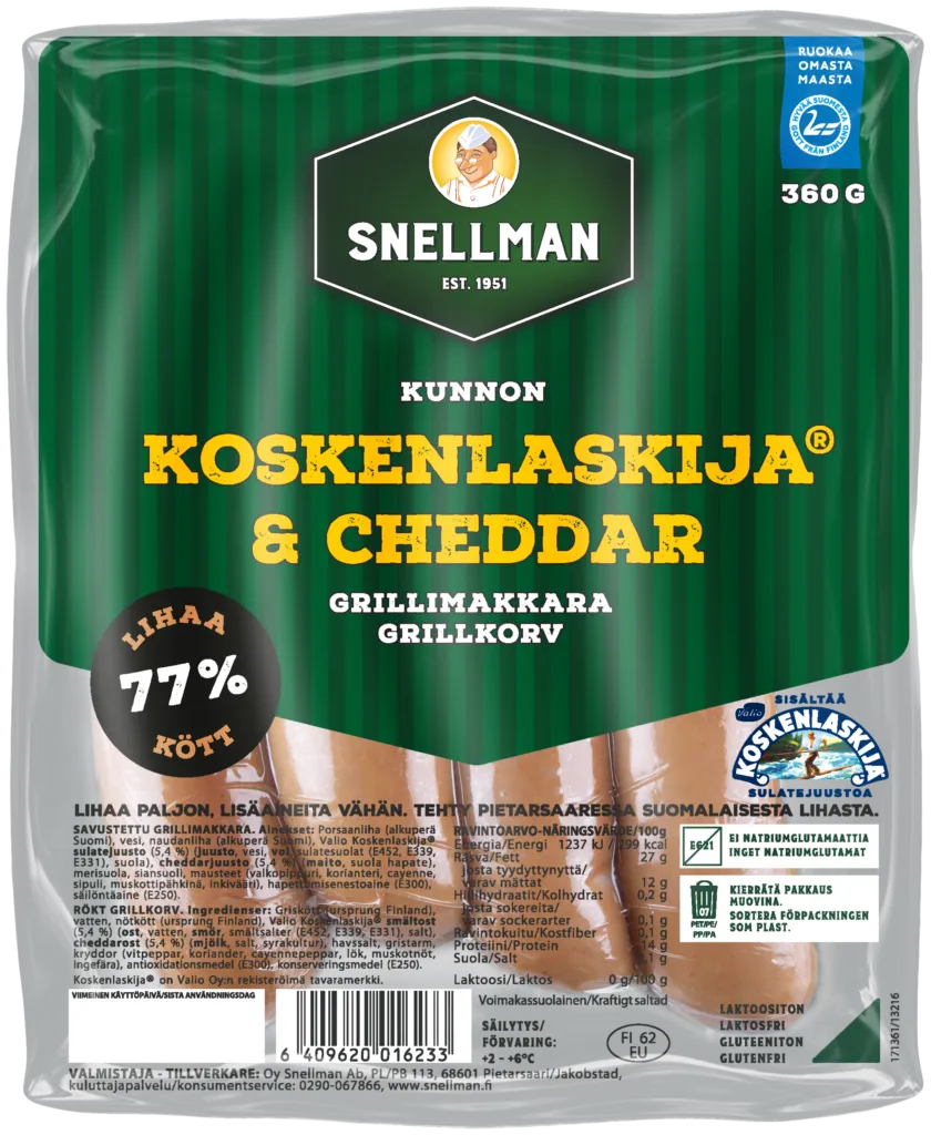 Kunnon Koskenlaskija & cheddar grillimakkara 360 g