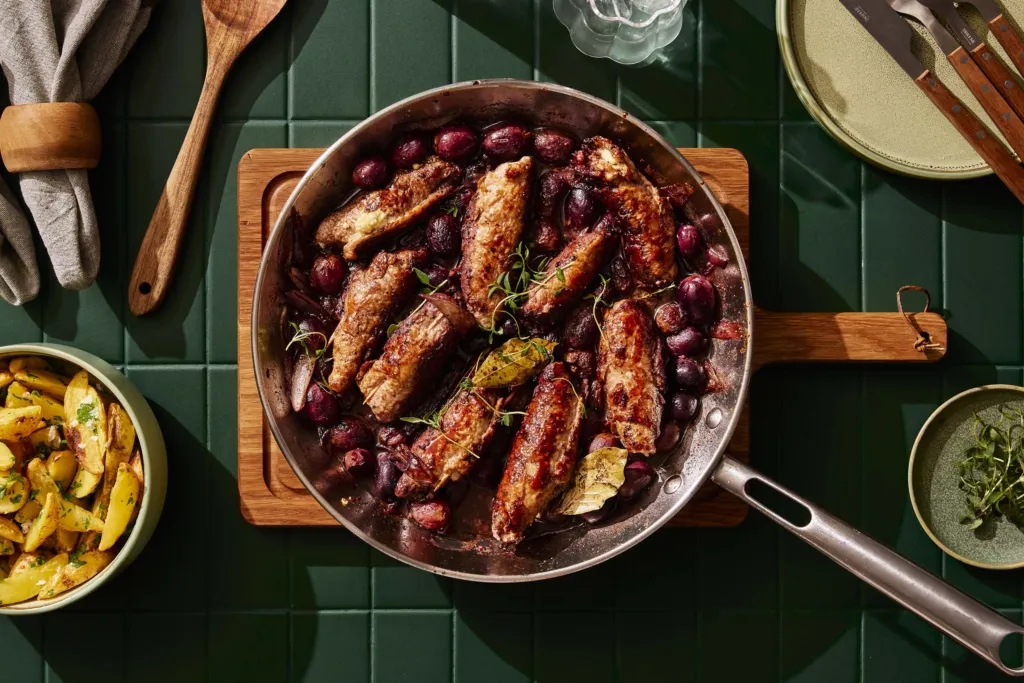 Fetalla täytetyt fileerullat rypälekastikkeessa