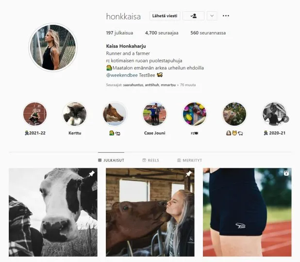 Kuvakaappaus Kaisa Honkaharjun Instagram-tililtä.